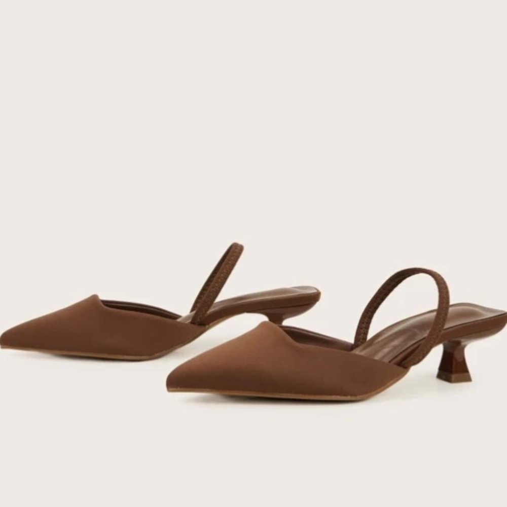 Minimalist Point Toe Pyramid Heeled Mules, brown short heel pointed toe heels